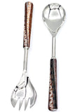 A set of two stainless steel salad servers with a reflective finish and a handle on top.