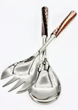 A set of two stainless steel salad servers with a reflective finish and a handle on top.