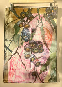 Cotton tea towel featuring licensed Aboriginal artwork, ethically printed in India using water-based inks—gentle on fabric and planet.