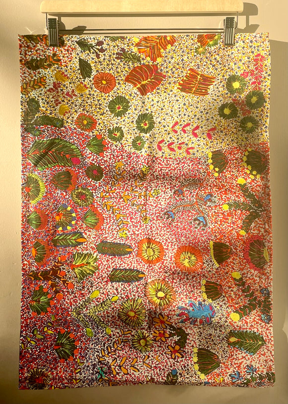 Cotton tea towel featuring licensed Aboriginal artwork, ethically printed in India using water-based inks—gentle on fabric and planet.