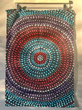 Cotton tea towel featuring licensed Aboriginal artwork, ethically printed in India using water-based inks—gentle on fabric and planet.