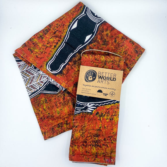Cotton tea towel featuring licensed Aboriginal artwork, ethically printed in India using water-based inks—gentle on fabric and planet.