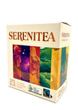 Serenitea tea box with scenic images and certification logos on a white background