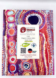 Packaging of the rectangle table cloth featuring the vibrant, multicolored pattern on the box. 