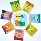 Zoetic tea bags in various flavors on a white background