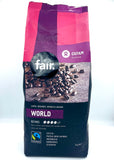 Oxfam coffee beans package with purple and black design